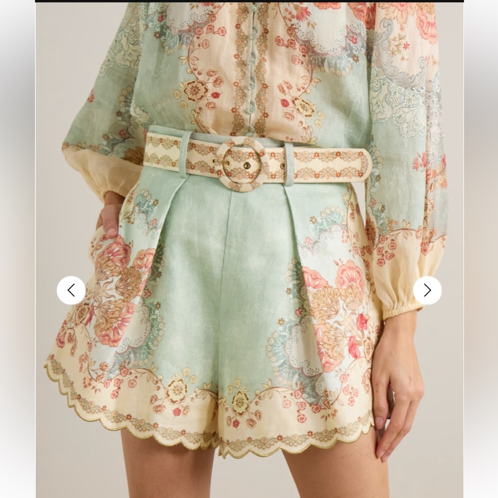Zimmermann Daylight belted scalloped pleated printed linen shorts NWOT zimsize1